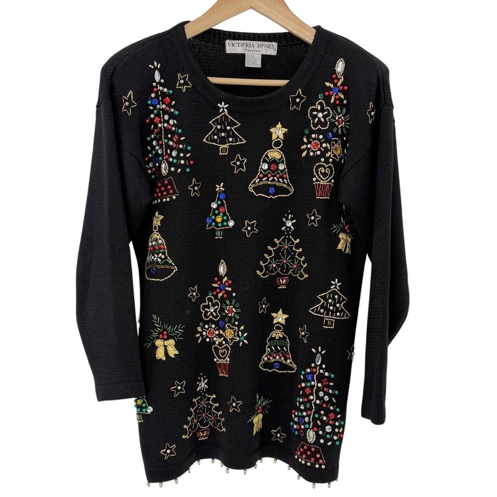 Victoria Jones Petites Black Beaded Christmas Sweater Womens PM Holiday Party